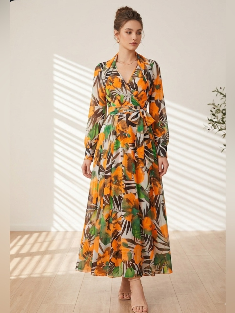 Va Va Voom Floral Wrap Maxi Dress in Orange, Green and Black